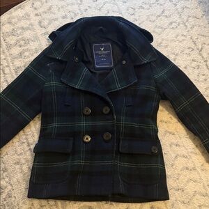 American Eagle Outfitters Navy and Green Plaid Pea Coat
